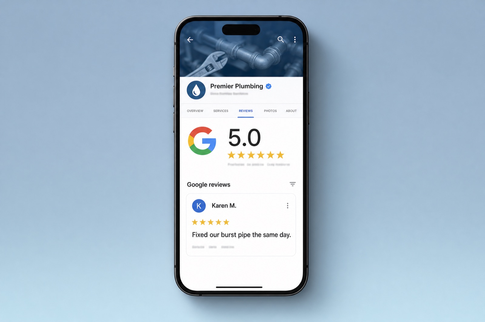 Smartphone showing a plumbing company's Google profile with a 5.0 star rating and a five-star customer review